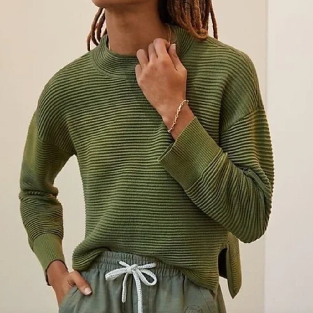 Anthropologie Daily Practice Textured Striped Green Mock Neck Sweater--so cozy!